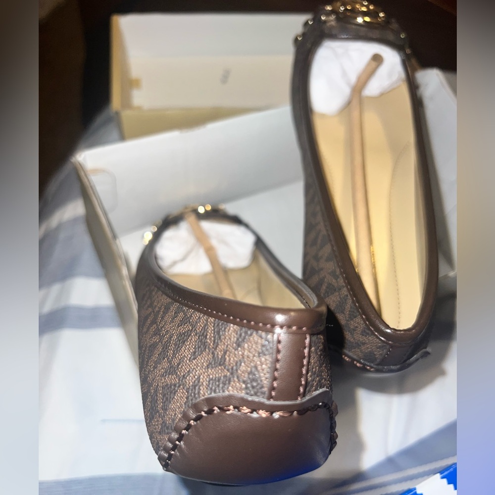 MICHAEL Michael Kors Dark Brown Logo Ballet Flats with Gold Hardware - Picture 5 of 6